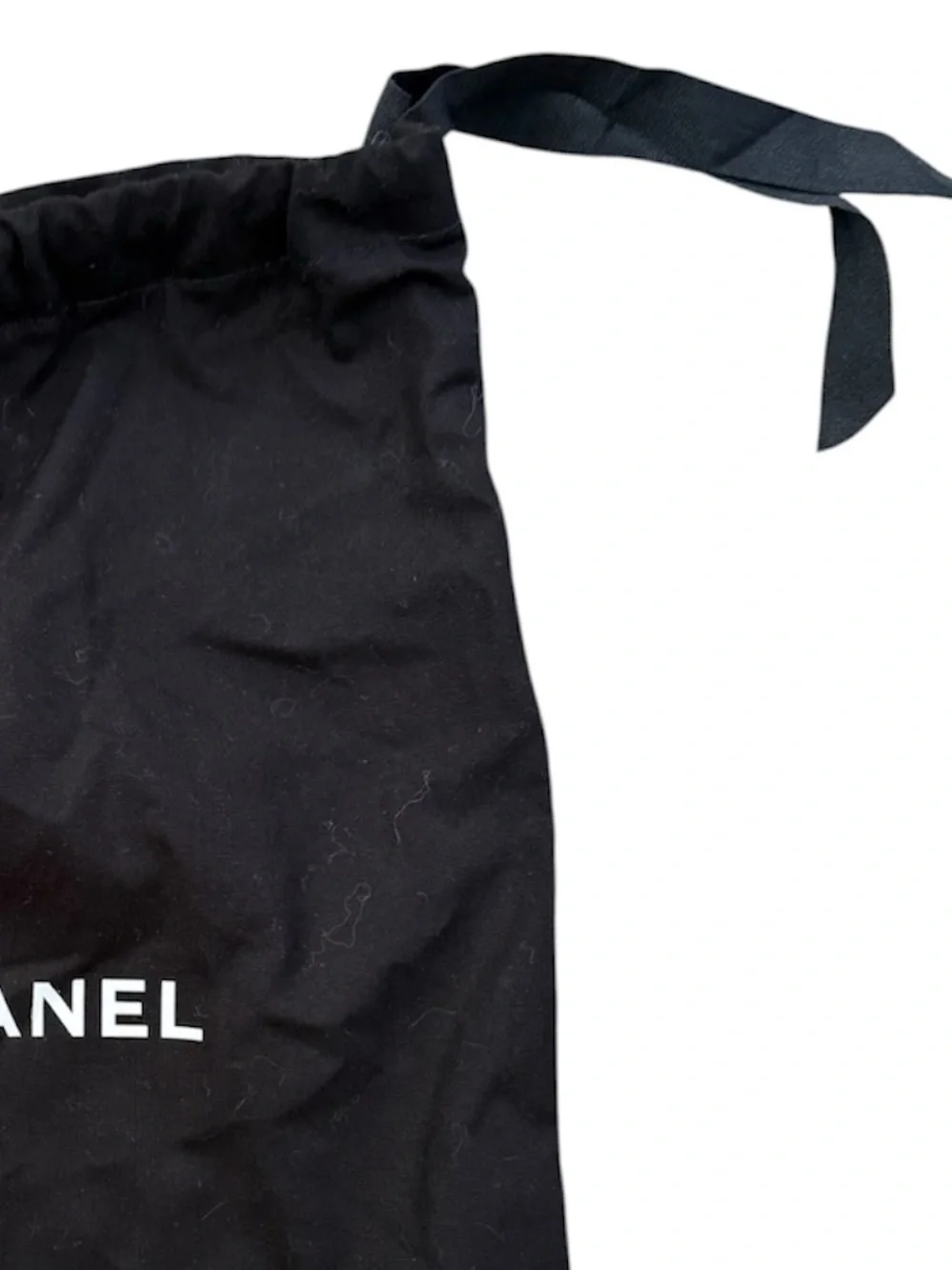CHANEL Black Drawstring Dust Pouch White Logo Side Tie Small